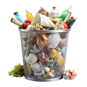 Close up of a trash bin brimming with waste materials, symbolizing garbage management and environmental impact png