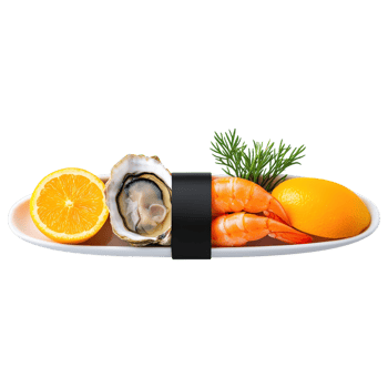 Free Isolated on Transparent Background, Fresh seafood platter with shrimp, oyster, and citrus fruits, perfect for food and beverage lovers png