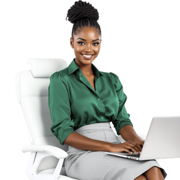 A smiling black woman sitting on a chair with a laptop png