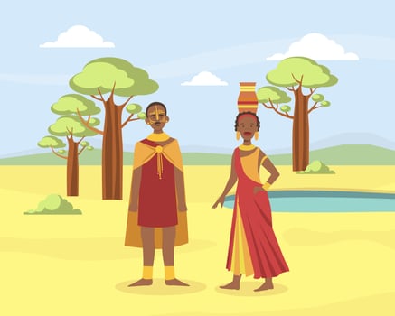 African Family Couple, Young Man and Woman in Traditional National Clothes on African Savannah Landscape Background illustration vector