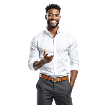 A man in a white shirt and gray pants is gesturing png