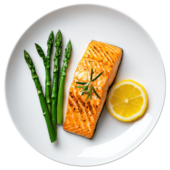 Free Isolated on Transparent Background, Delicious salmon fillet with asparagus and lemon, perfect for healthy meal, showcasing food and beverage png