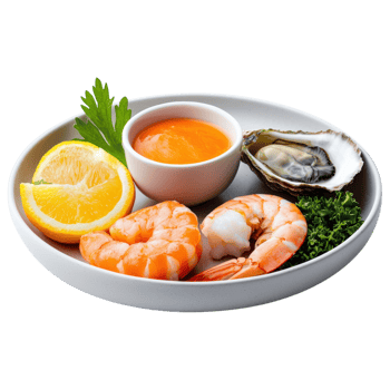 Free Isolated on Transparent Background, Fresh seafood platter featuring shrimp, oyster, lemon, and sauce, perfect for food and beverage lovers png