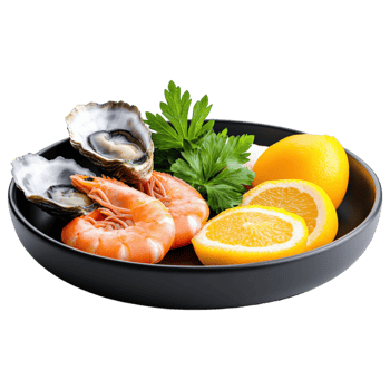 Free Isolated on Transparent Background, Fresh seafood platter with shrimp, oysters, lemon, and parsley, perfect for food and beverage lovers png