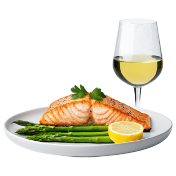 Free Isolated on Transparent Background, Delicious salmon fillet served with asparagus, lemon, and glass of white wine, perfect for food and png