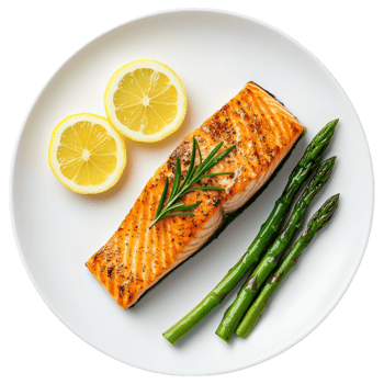 Free Isolated on Transparent Background, Delicious salmon fillet with asparagus, lemon slices, and herbs, perfect for healthy meal, food png