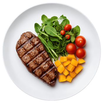 Free Isolated on Transparent Background, Juicy steak, fresh salad, and vibrant mango create delightful food and beverage experience png