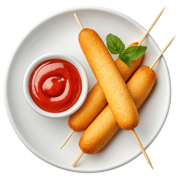 Free Isolated on Transparent Background, Crispy corn dogs served with side of tangy ketchup, perfect for snacks and gatherings, food, and beverage png