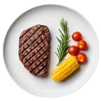 Free Isolated on Transparent Background, Grilled steak, corn, and tomatoes on plate, showcasing delicious food and beverage options png