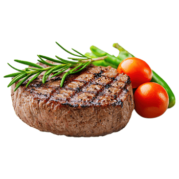 Free Isolated on Transparent Background, Grilled steak with fresh herbs, tomatoes, and green peppers, perfect for food and beverage lovers png