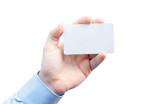 A hand in a light blue shirt holding a blank white card png