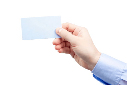 A hand holding a blank light blue card against a black background showing a business card or invitation png