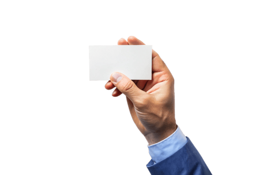 A Man in a Blue Suit Holding a Blank White Business Card Against a Black Background png