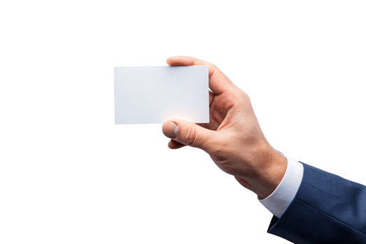 A Man in a Suit Holding a Blank White Business Card Against a Black Background png