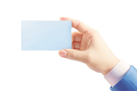 A hand in a blue suit holding a light blue blank business card png