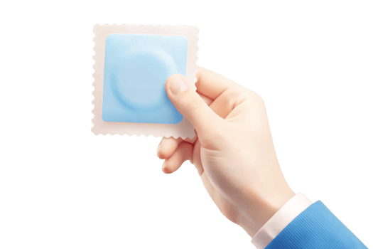 A hand holding a light blue condom in its packaging a health and safety image png