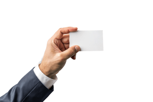 A businessman's hand in a suit holding a blank white card against a black background png