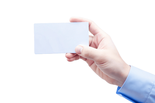 A hand in a light blue shirt holding a blank white card business card mockup png
