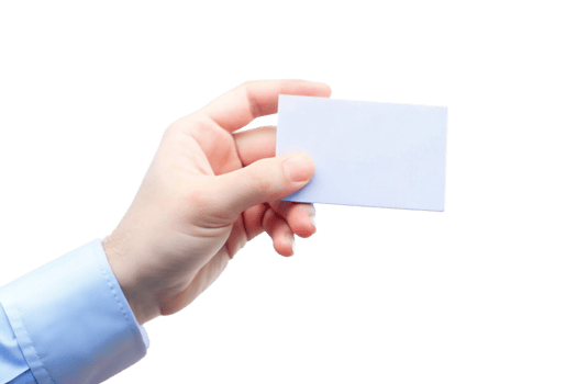 A hand in a light blue shirt holding a blank white card or business card png
