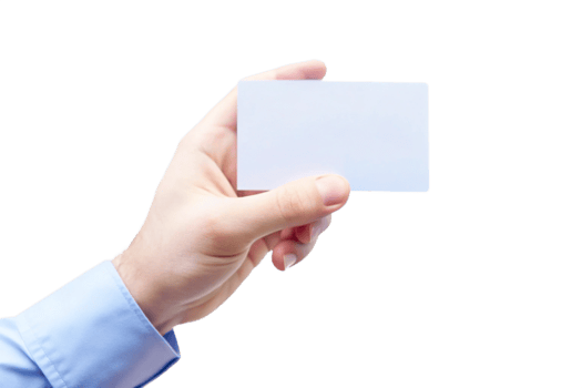 A Man's Hand in a Light Blue Shirt Holding a Blank White Card png