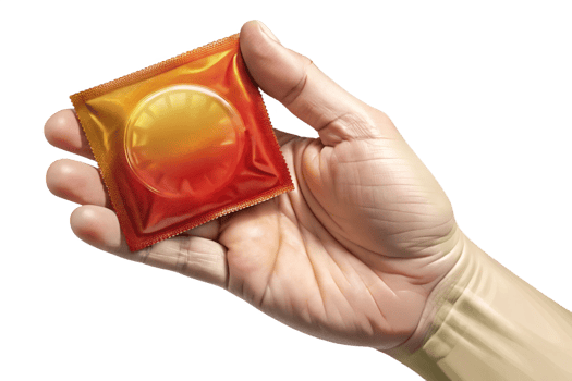A hand holding a condom package showing a red and yellow design png