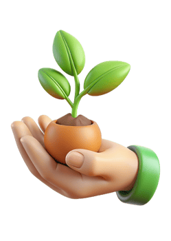 A 3D rendering of a hand gently holding a small potted plant with vibrant green leaves png