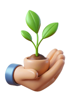 A 3D rendering of a nurturing hand gently cradling a young plant in a pot, symbolizing growth, care, and environmental protection png
