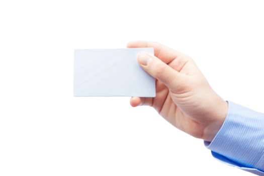 A hand in a light blue shirt holding a blank white business card png