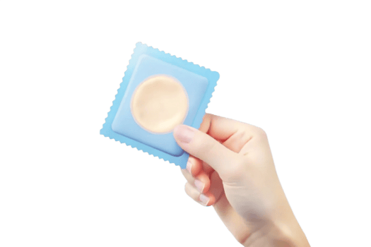 Holding a light blue condom package against a black background png
