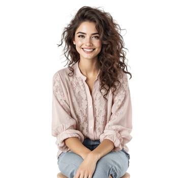 A woman sitting on a stool with her hands on her knees png