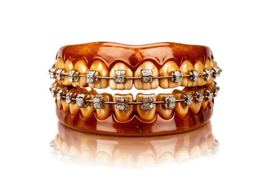 Closeup of Dental Model with Metal Braces and Gold Accents Showcasing Orthodontic Treatment png