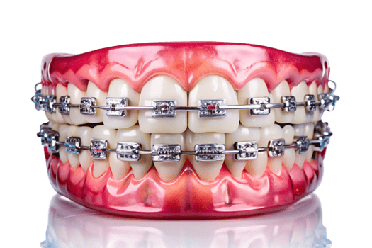 Closeup of Dental Model with Metal Braces Showing Teeth Alignment png