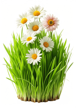 Vibrant Daisies and Lush Green Grass in a Stunning Floral Arrangement png