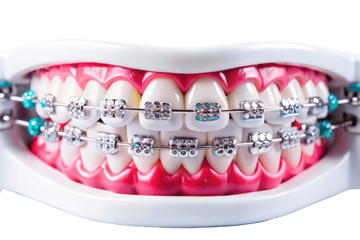 Closeup of Dental Model with Metal Braces and Decorative Gems png