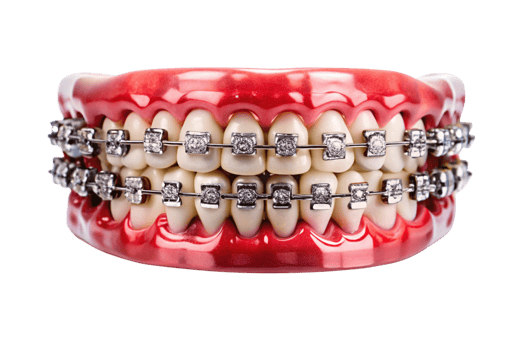 Closeup view of a dental model showcasing meticulously detailed orthodontic braces with sparkling accents png