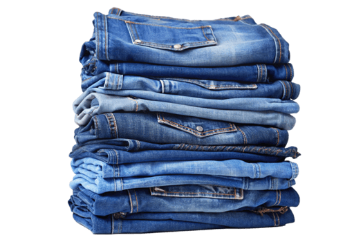A large stack of neatly folded blue jeans, denim clothing apparel png
