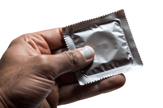 hand holding a condom in its packaging against a black background png