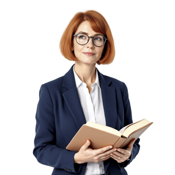 A woman in a suit and glasses holding a book png