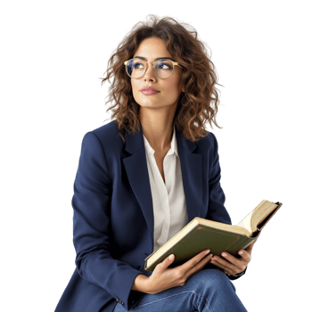 A woman in glasses is sitting on a chair and holding a book png
