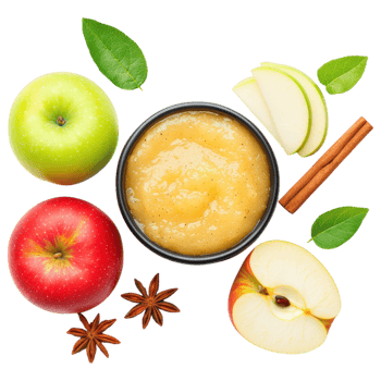Free Isolated on Transparent Background, Delicious applesauce made from fresh apples, showcasing vibrant green and red apples, and aromatic spices png