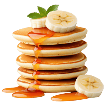 Free Isolated on Transparent Background, Delicious pancakes topped with banana slices and syrup, perfect for breakfast, food, and beverage lovers png