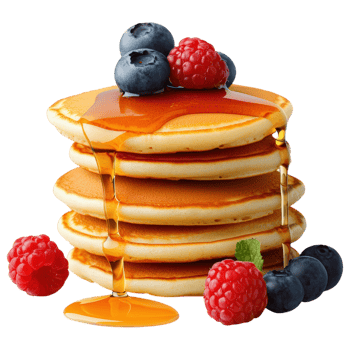 Free Isolated on Transparent Background, Delicious pancakes topped with syrup, blueberries, and raspberries, perfect for breakfast, food png