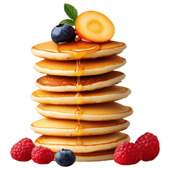 Free Isolated on Transparent Background, Delicious pancakes stacked high, topped with syrup, berries, and slice of fruit, perfect for breakfast png