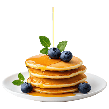 Free Isolated on Transparent Background, Delicious pancakes topped with blueberries, syrup, and mint, perfect for breakfast, food, and beverage png