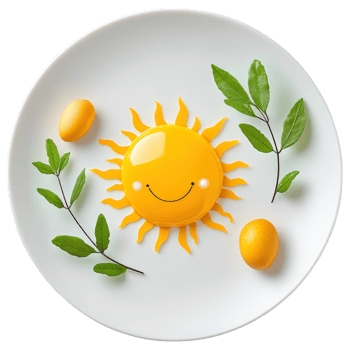 Free Isolated on Transparent Background, cheerful sun shaped dish featuring bright yellow yolk, surrounded by green leaves and small fruits png