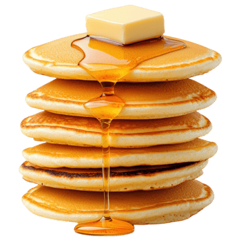 Free Isolated on Transparent Background, Delicious pancakes stacked high, topped with melting butter and drizzled with syrup. png
