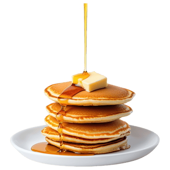 Free Isolated on Transparent Background, Delicious pancakes stacked high, topped with butter and drizzled with syrup, perfect for breakfast. png
