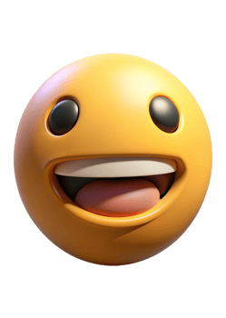 A 3D Render of a Happy Yellow Emoticon with Big Grinning Smile and Tongue Sticking Out png