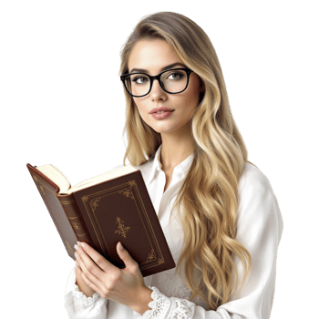 A beautiful blonde woman with glasses holding a book png