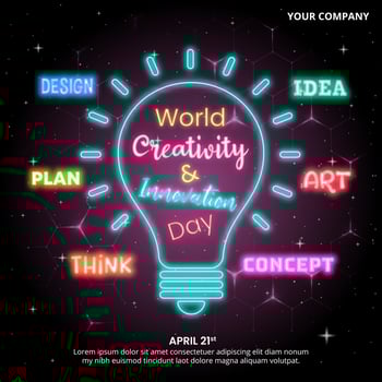 World Creativity And Innovation Day design with neon text decoration vector